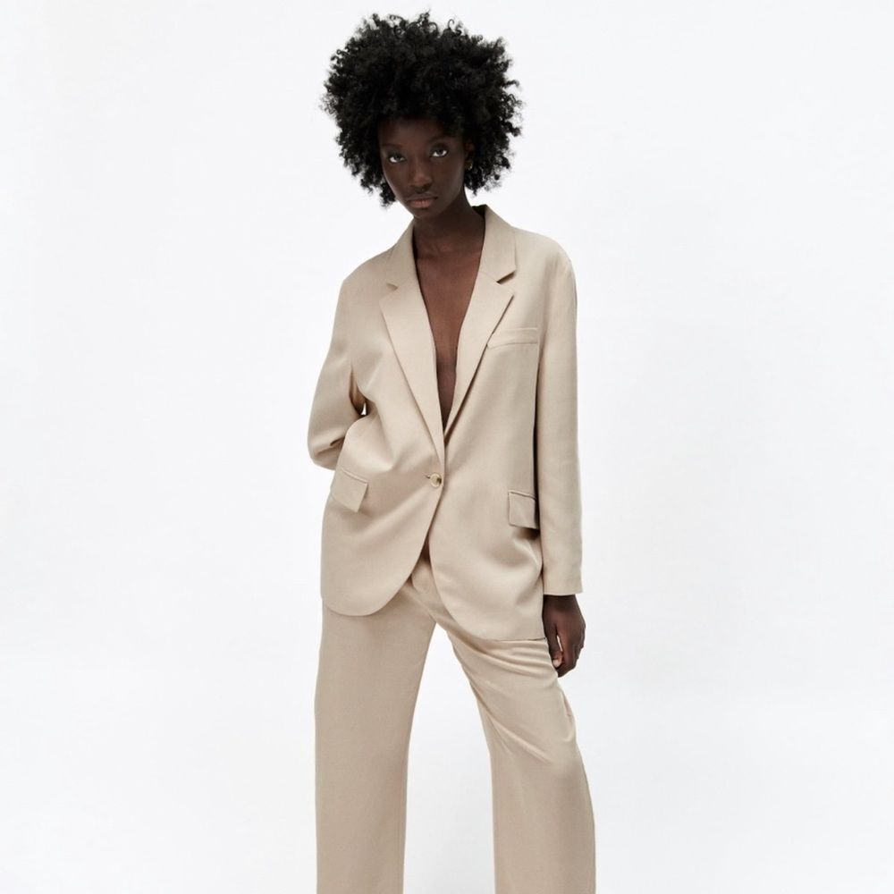 ZARA NEW Women's Size Beige One-Buttoned Long Sleeve Oversized Blazer Jacket Tan - Picture 2 of 15